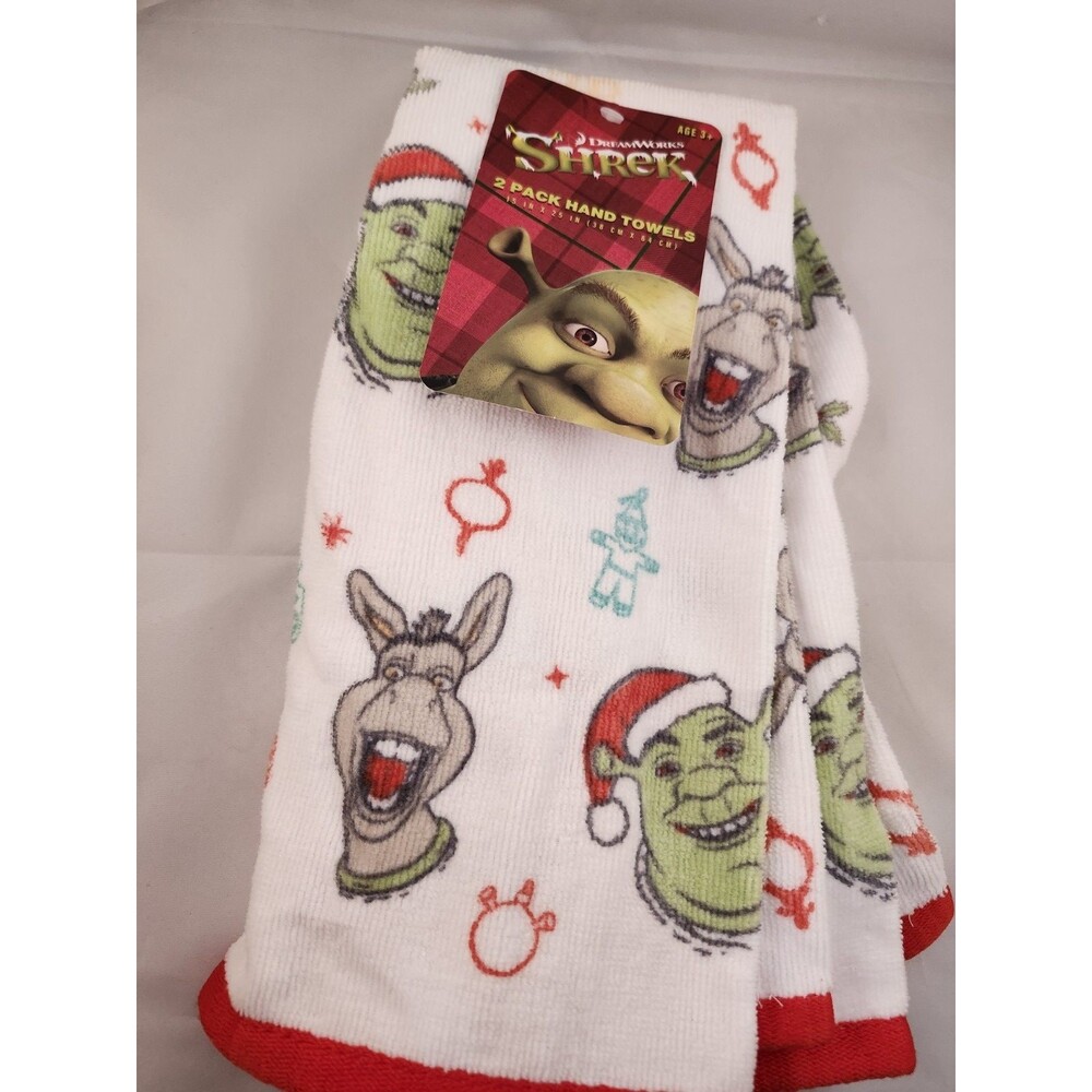Shrek & Donkey Christmas Hand Towels 2-Pack 15" x 25" White Holiday New